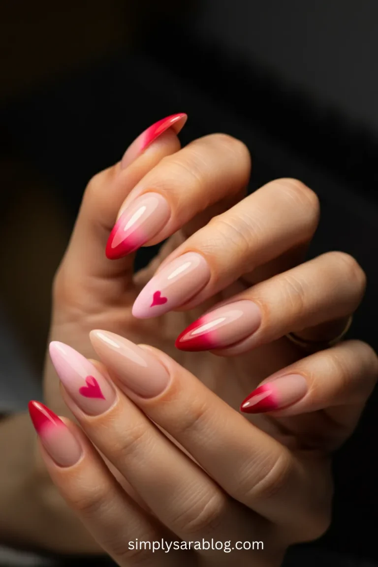 Collage of 16 almond-shaped nails featuring various Valentine's Day designs, including ombre, sparkle, stripes, and heart motifs, displayed on a soft pink background.