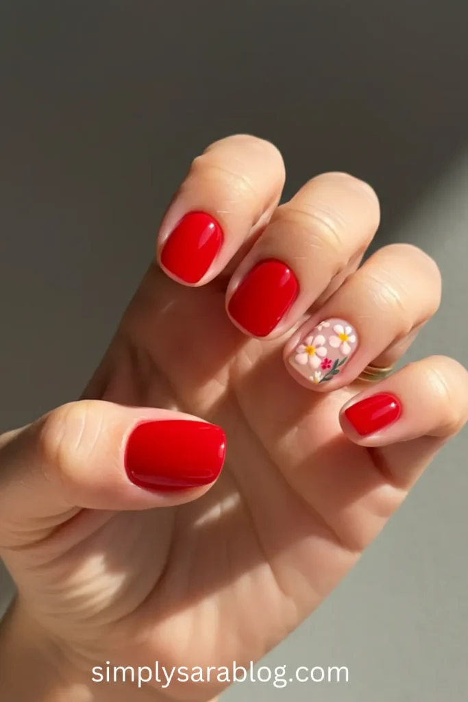 Minimalist Floral Red Nails