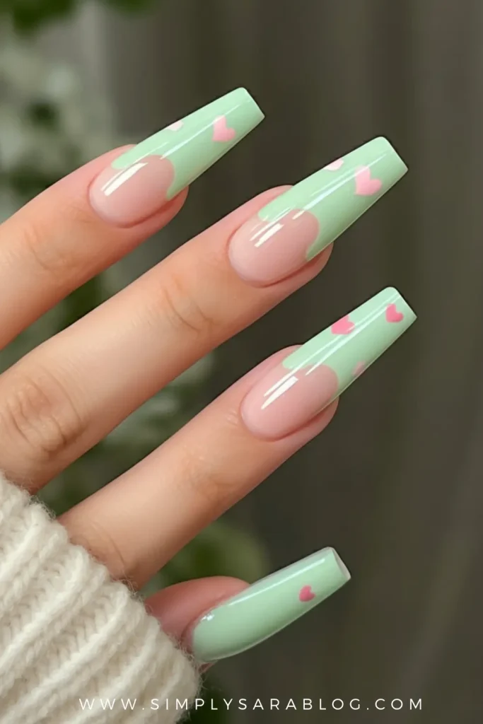 Pastel Green Heart Nails