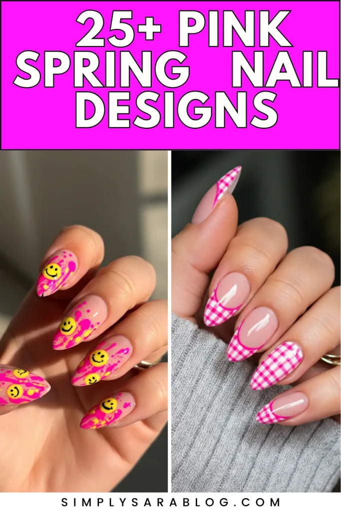 "Stylish pink spring nails showcasing floral accents, gold foil, and pastel designs on a trendy nail display."