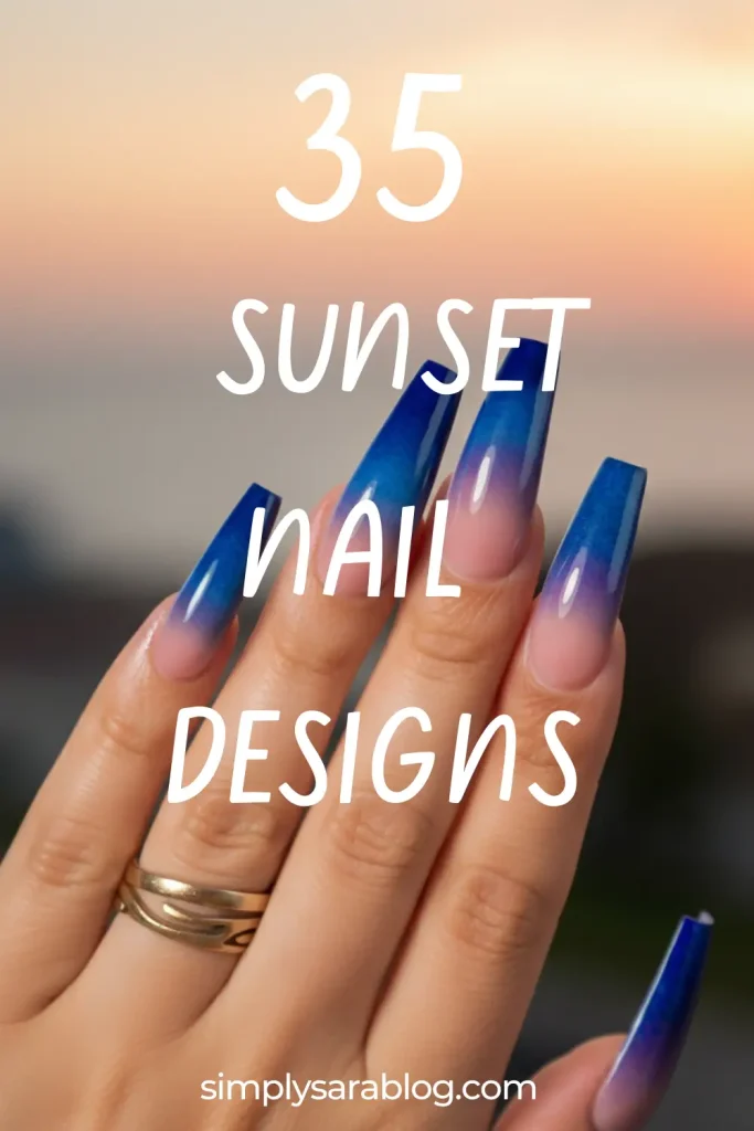 Gradient sunset nails with soft ombre hues in orange, pink, and purple, accented by glitter and palm tree art, glowing with a tropical vibe.