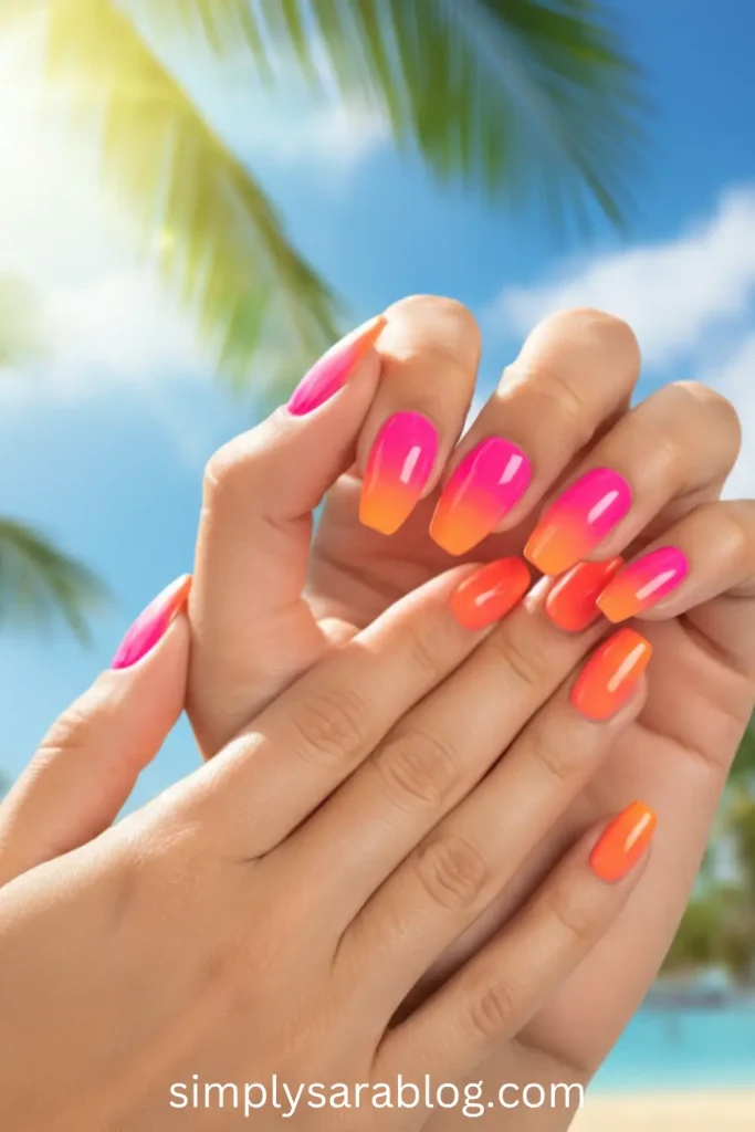 Sunset Pink and Orange Ombre Nails
