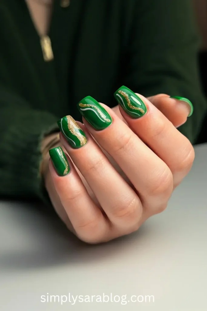 Wavy Green + Gold St. Patrick’s Day Nail Art
