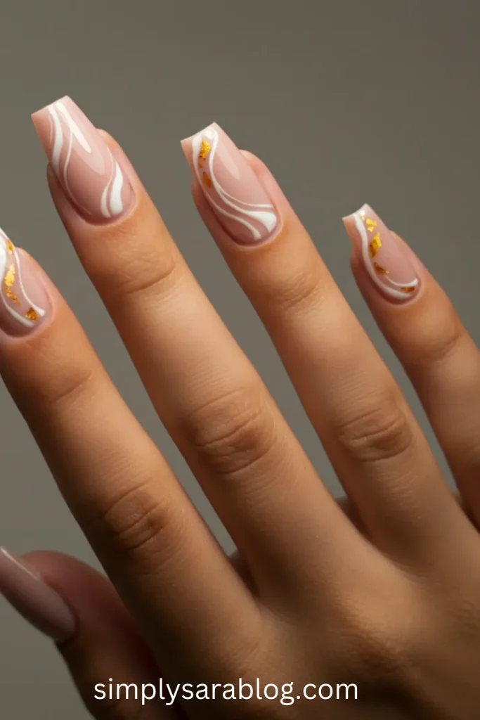 White Swirl Gold Nails