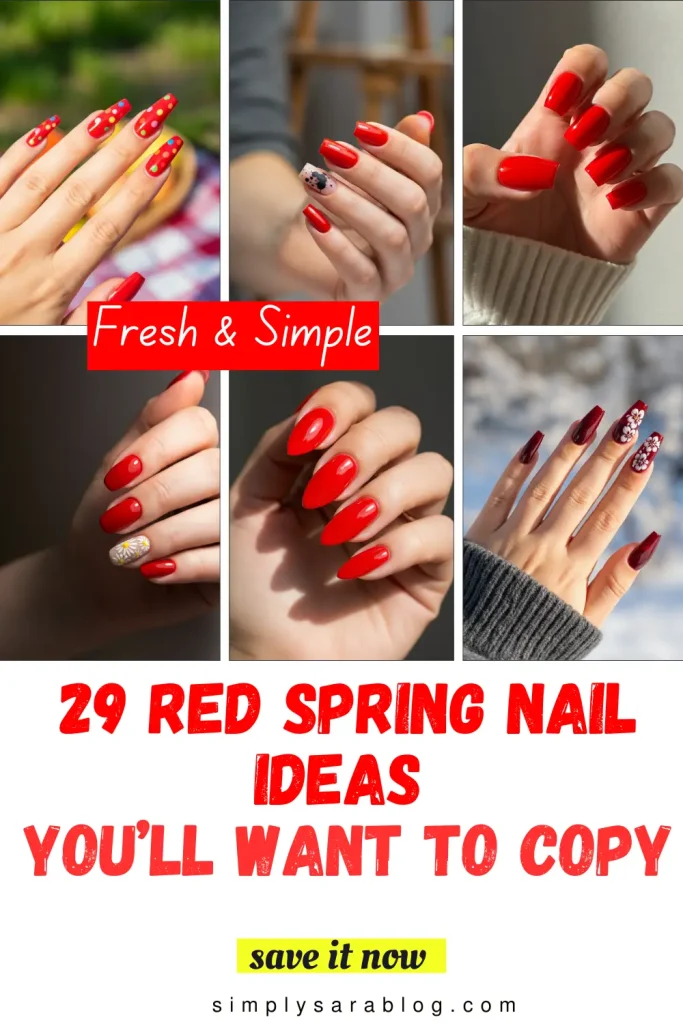 Brighten up your style with 29 Red Spring nail ideas! From bold florals to geometric chic, these designs bring vibrant charm to your spring look.