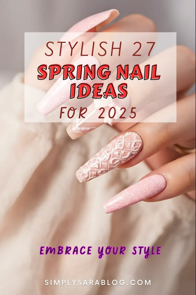 Close-up of long nails with pastel floral patterns and glitter accents, perfect for spring