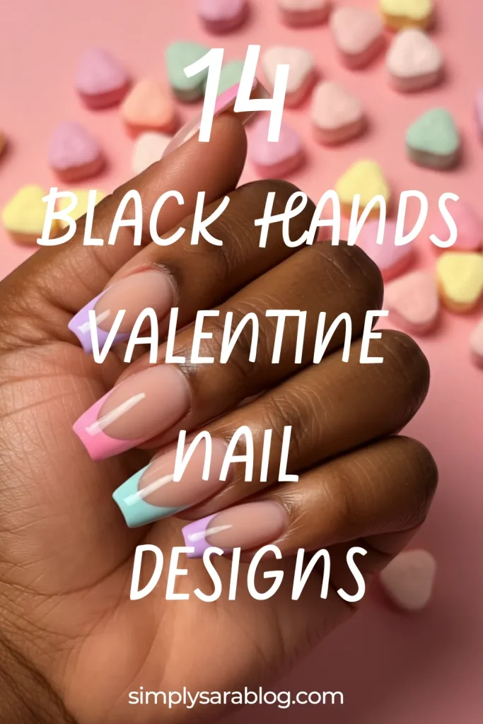 Close-up of vibrant Valentine's Day nail art featuring metallic swirls, ombré gradients, and romantic heart patterns on deep skin tones.