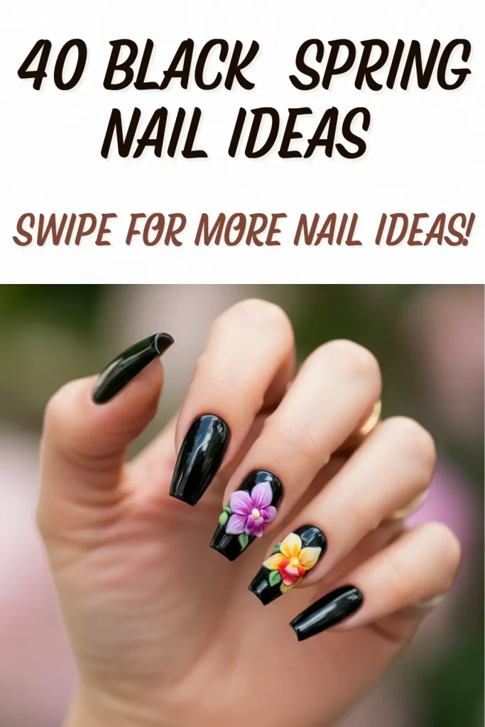 A sleek black spring nail design featuring floral accents and glossy highlights, perfect for a chic and trendy look.